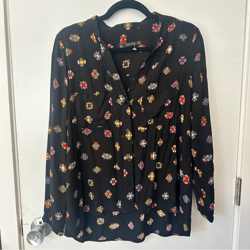 ZARA Basic Jewel Print Button Down Top Black Size M (Fits S) - Picture 3 of 7